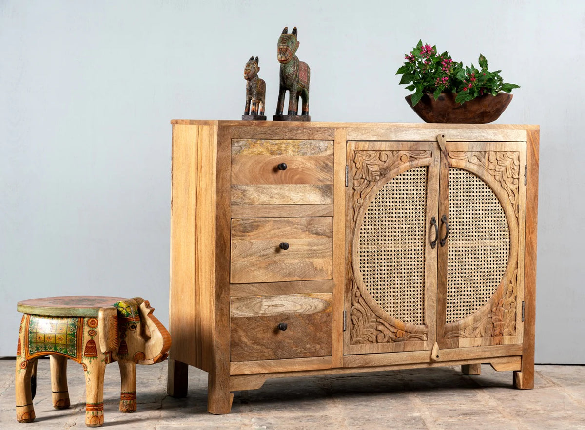 Furneezy Solid Mango Wood Sideboard with Rattan Cane Doors, 3 Drawers, Hand-Carved Detail, Natural Finish, Boho Style W:120cm × H:92cm × D:40cm