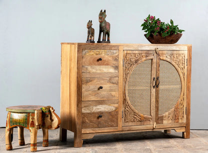 Furneezy Solid Mango Wood Sideboard with Rattan Cane Doors, 3 Drawers, Hand-Carved Detail, Natural Finish, Boho Style W:120cm × H:92cm × D:40cm