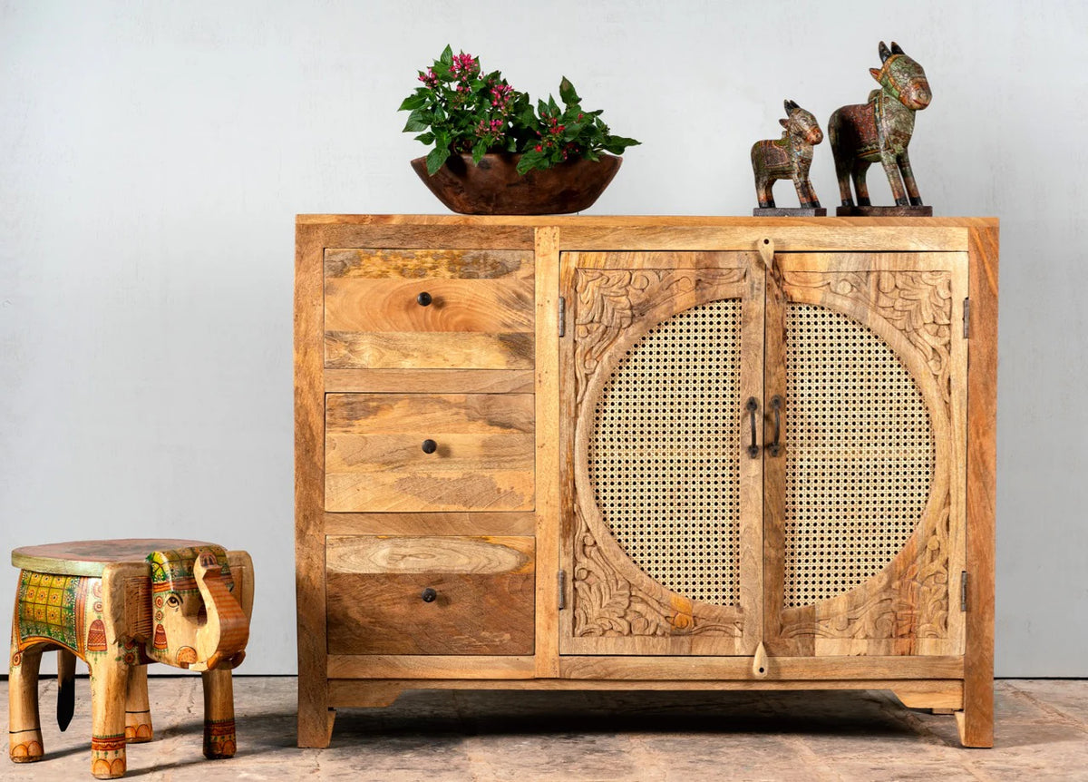 Furneezy Solid Mango Wood Sideboard with Rattan Cane Doors, 3 Drawers, Hand-Carved Detail, Natural Finish, Boho Style W:120cm × H:92cm × D:40cm