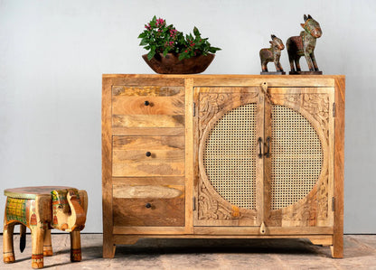 Furneezy Solid Mango Wood Sideboard with Rattan Cane Doors, 3 Drawers, Hand-Carved Detail, Natural Finish, Boho Style W:120cm × H:92cm × D:40cm