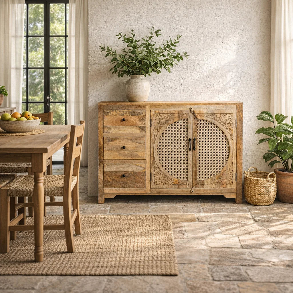 Furneezy Solid Mango Wood Sideboard with Rattan Cane Doors, 3 Drawers, Hand-Carved Detail, Natural Finish, Boho Style W:120cm × H:92cm × D:40cm