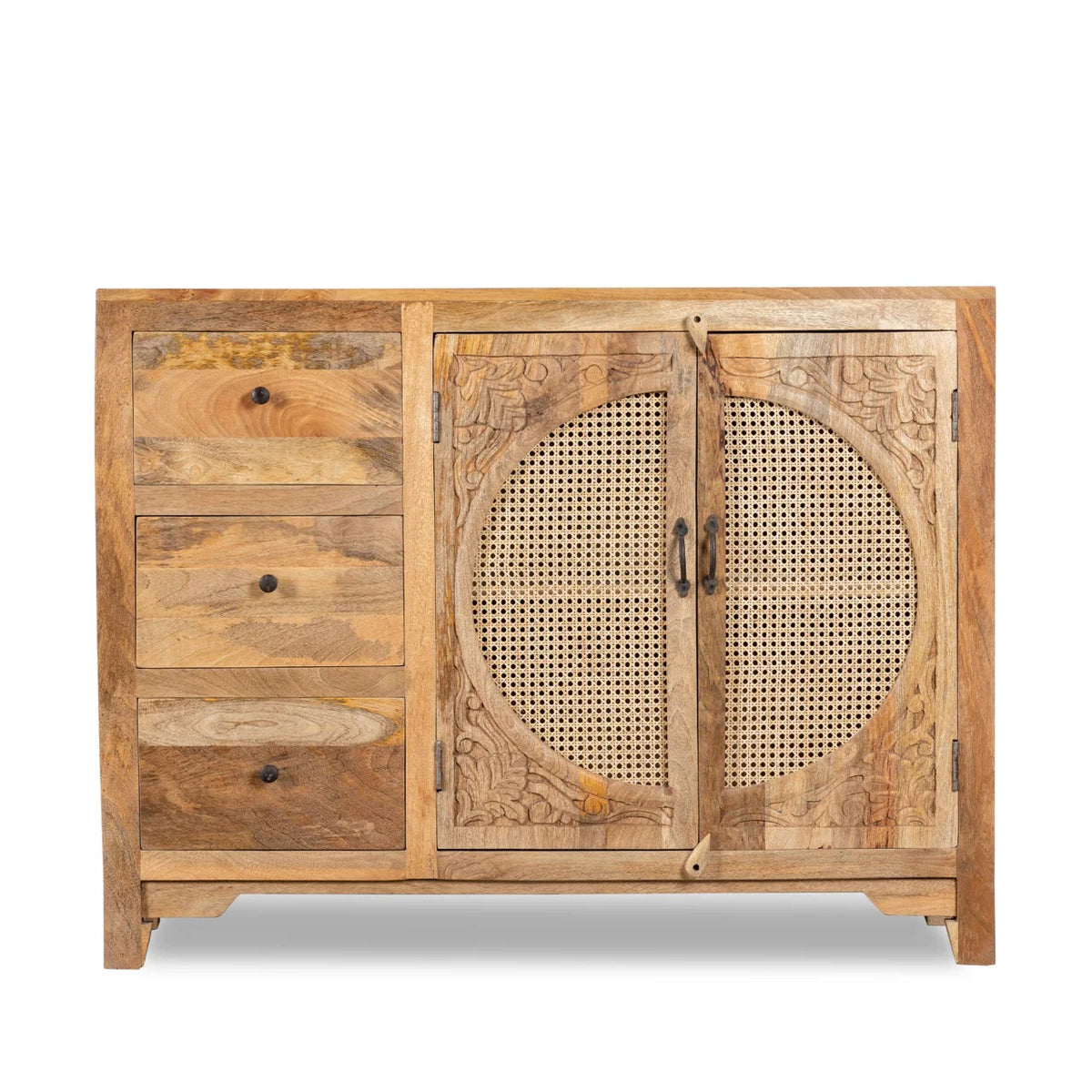 Furneezy Solid Mango Wood Sideboard with Rattan Cane Doors, 3 Drawers, Hand-Carved Detail, Natural Finish, Boho Style W:120cm × H:92cm × D:40cm