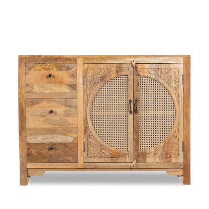 Furneezy Solid Mango Wood Sideboard with Rattan Cane Doors, 3 Drawers, Hand-Carved Detail, Natural Finish, Boho Style W:120cm × H:92cm × D:40cm