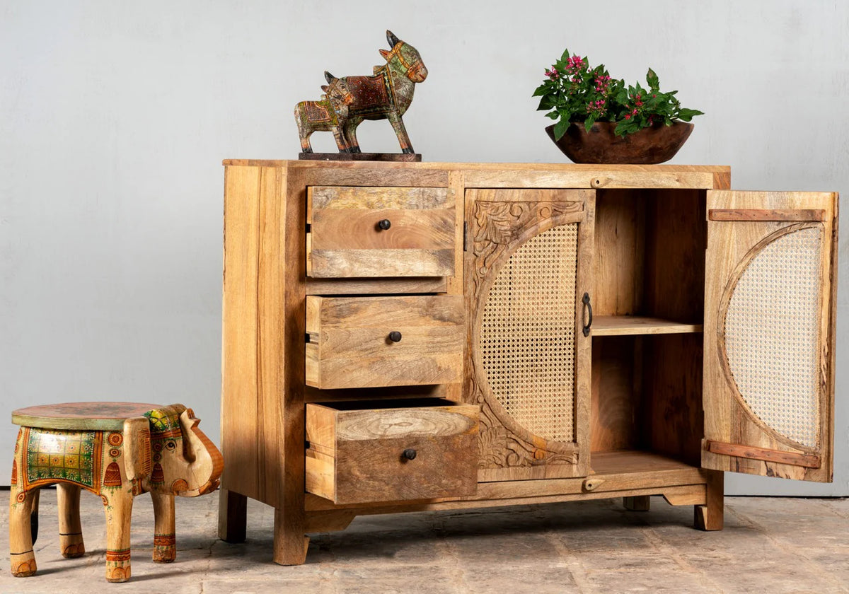Furneezy Solid Mango Wood Sideboard with Rattan Cane Doors, 3 Drawers, Hand-Carved Detail, Natural Finish, Boho Style W:120cm × H:92cm × D:40cm