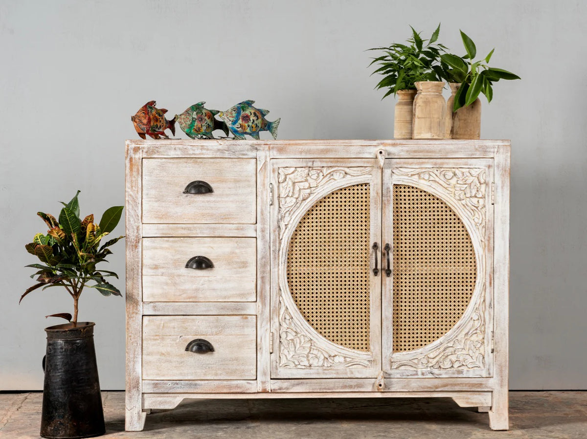 Furneezy Solid Mango Wood Sideboard with Rattan Cane Doors, 3 Drawers, Hand-Carved Detail, Natural Finish, Boho Style W:120cm × H:92cm × D:40cm