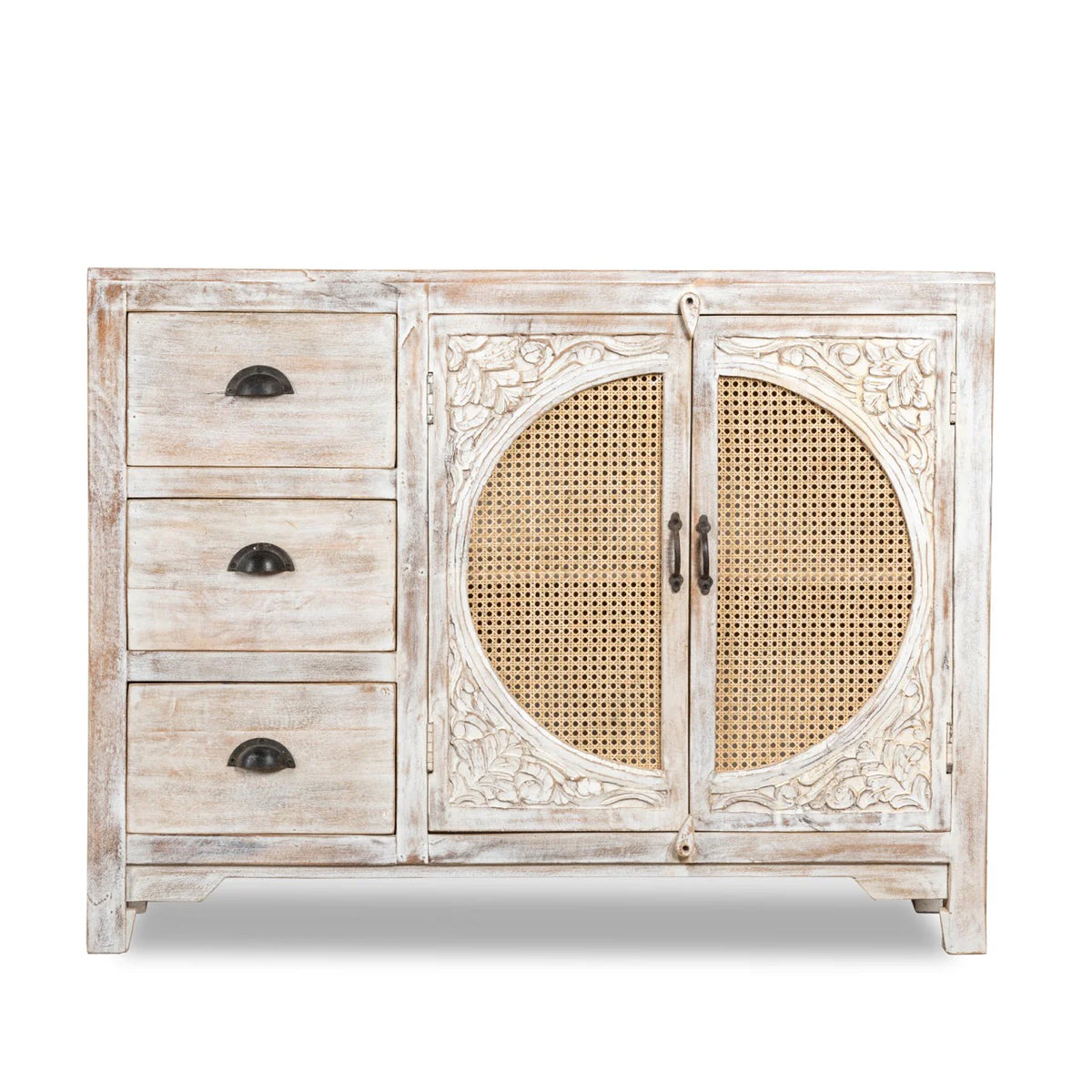 Furneezy Solid Mango Wood Sideboard with Rattan Cane Doors, 3 Drawers, Hand-Carved Detail, Natural Finish, Boho Style W:120cm × H:92cm × D:40cm