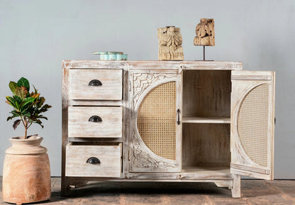 Furneezy Solid Mango Wood Sideboard with Rattan Cane Doors, 3 Drawers, Hand-Carved Detail, Natural Finish, Boho Style W:120cm × H:92cm × D:40cm