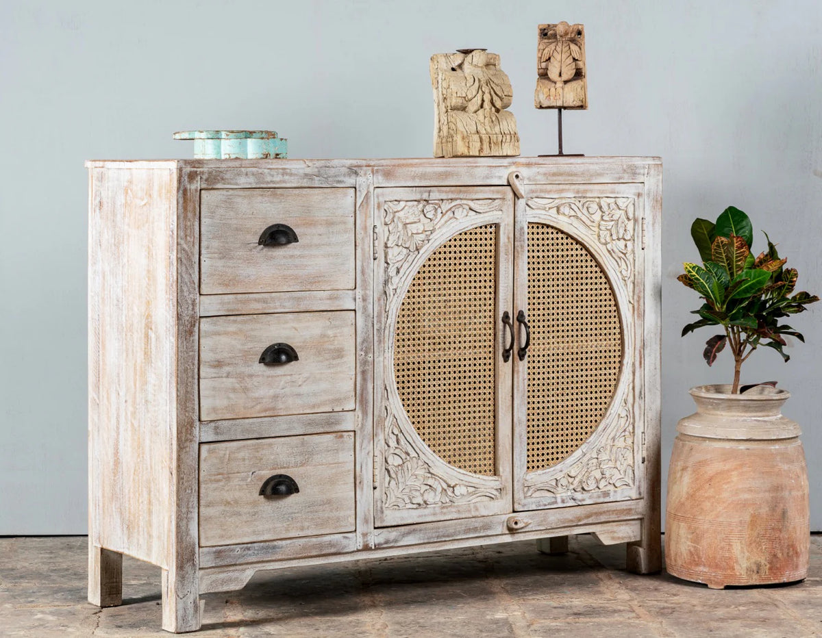 Furneezy Solid Mango Wood Sideboard with Rattan Cane Doors, 3 Drawers, Hand-Carved Detail, Natural Finish, Boho Style W:120cm × H:92cm × D:40cm