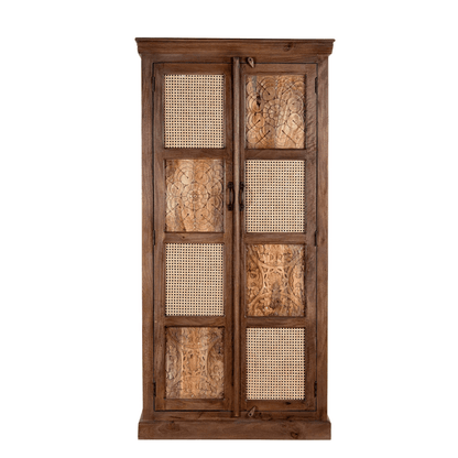 Furneezy Solid Wood Wardrobe with Hand-Carved Panels and Cane Weave Doors, Brown, Bohemian Style