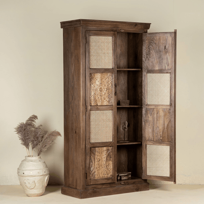 Furneezy Solid Wood Wardrobe with Hand-Carved Panels and Cane Weave Doors, Brown, Bohemian Style