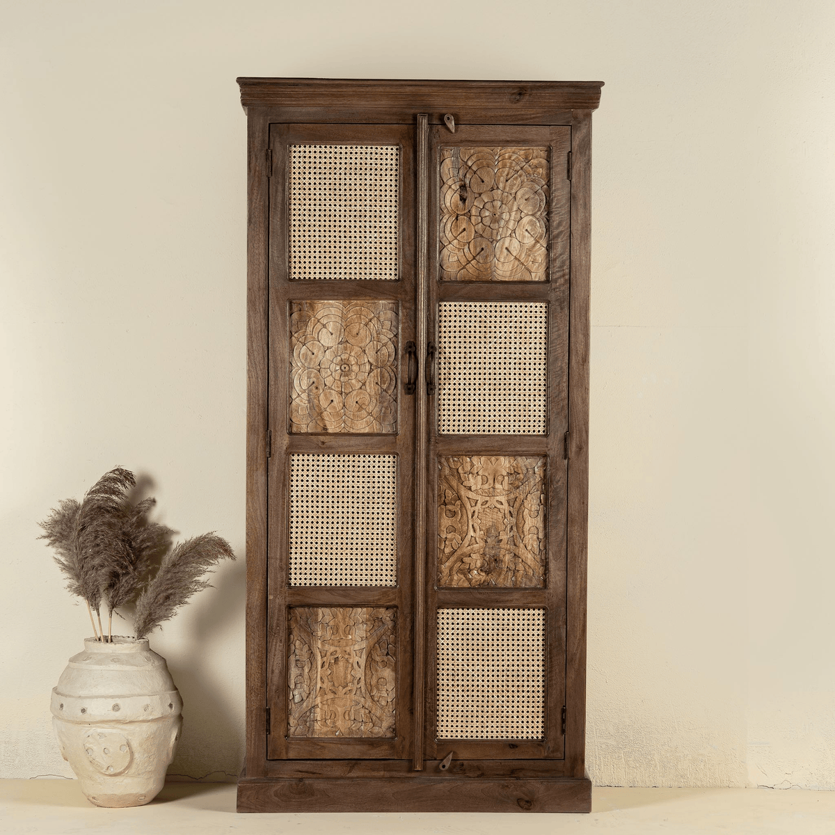 Furneezy Solid Wood Wardrobe with Hand-Carved Panels and Cane Weave Doors, Brown, Bohemian Style
