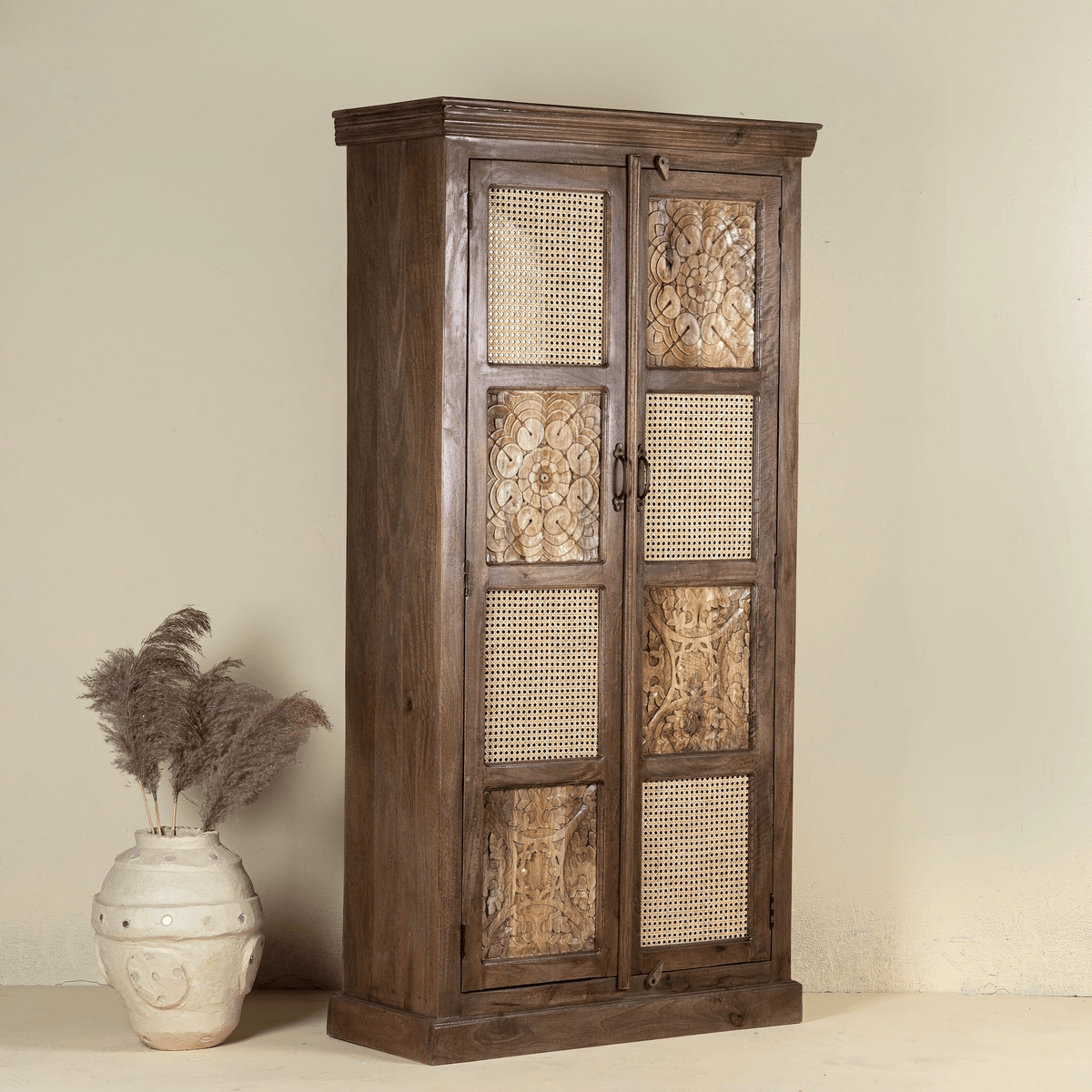 Furneezy Solid Wood Wardrobe with Hand-Carved Panels and Cane Weave Doors, Brown, Bohemian Style