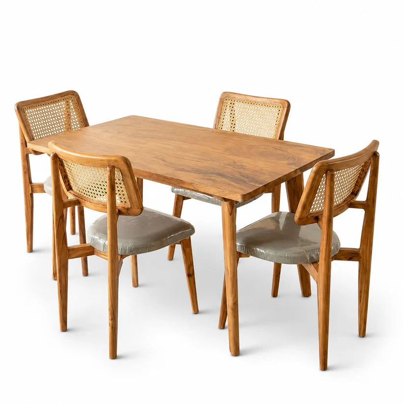 Furneezy Modern Wooden Top Dining Table Set with 4 Cane Back Chairs | Solid Wood 4 Seater Dining Set for Dining Room, Kitchen & Home | Premium Finish