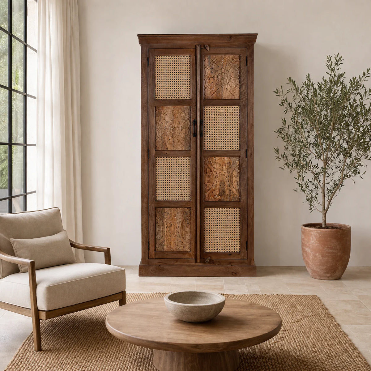 Furneezy Solid Wood Wardrobe with Hand-Carved Panels and Cane Weave Doors, Brown, Bohemian Style