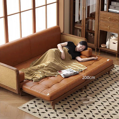 Convertible Sofa Cum Bed with Rattan Armrests, Tan Leatherett, Wood Frame, 200cm, Living Room