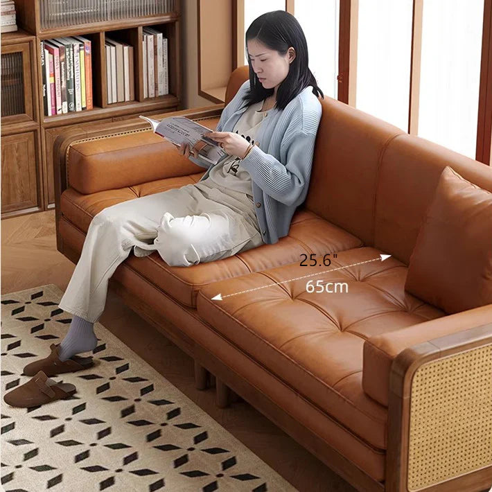 Convertible Sofa Cum Bed with Rattan Armrests, Tan Leatherett, Wood Frame, 200cm, Living Room
