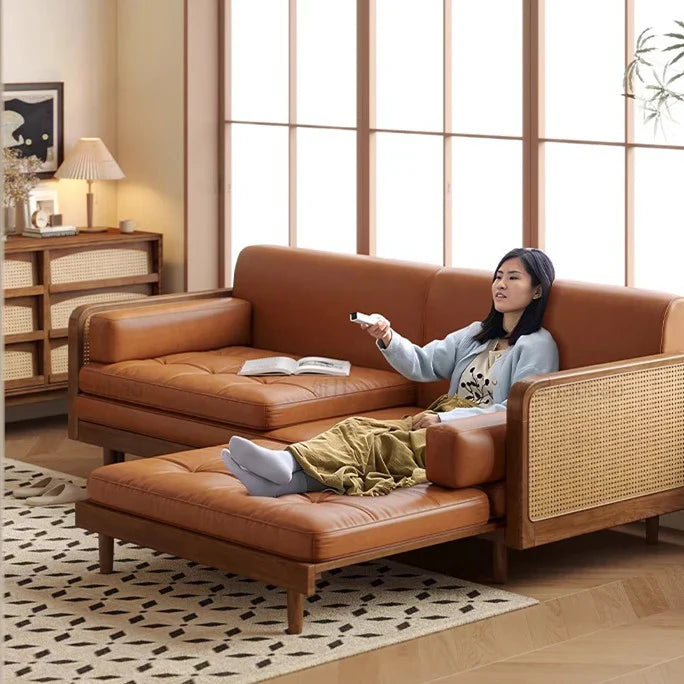 Convertible Sofa Cum Bed with Rattan Armrests, Tan Leatherett, Wood Frame, 200cm, Living Room