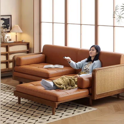 Convertible Sofa Cum Bed with Rattan Armrests, Tan Leatherett, Wood Frame, 200cm, Living Room