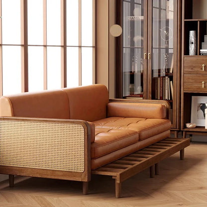 Convertible Sofa Cum Bed with Rattan Armrests, Tan Leatherett, Wood Frame, 200cm, Living Room