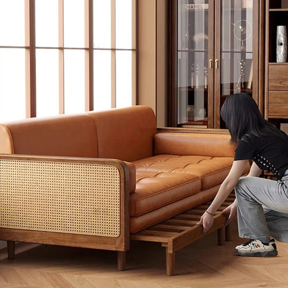 Convertible Sofa Cum Bed with Rattan Armrests, Tan Leatherett, Wood Frame, 200cm, Living Room