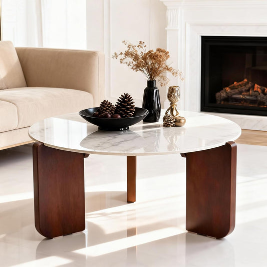 Furneezy 31.5 Inch Round Sintered Stone Top Coffee Table for Living Room | Sturdy Coffee Table with Sintered Stone Top and Solid Wood Legs, Modern Design Round Coffee Table, Minimalist and Sleek