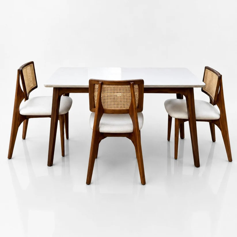 Furneezy Modern Ceramic Top Dining Table Set with 4 Cane Back Chairs | Solid Wood 4 Seater Dining Set for Dining Room, Kitchen & Home | Premium Finish