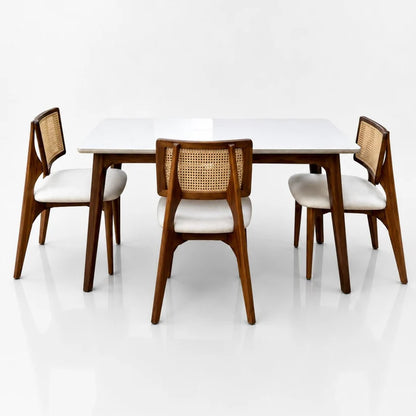 Furneezy Modern Ceramic Top Dining Table Set with 4 Cane Back Chairs | Solid Wood 4 Seater Dining Set for Dining Room, Kitchen & Home | Premium Finish