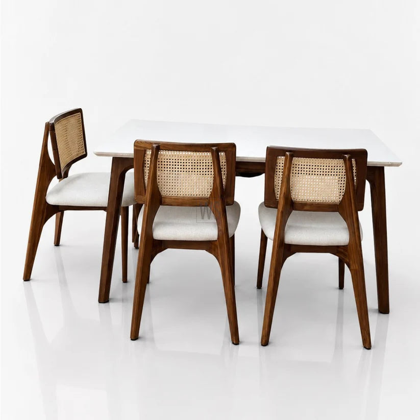 Furneezy Modern Ceramic Top Dining Table Set with 4 Cane Back Chairs | Solid Wood 4 Seater Dining Set for Dining Room, Kitchen & Home | Premium Finish