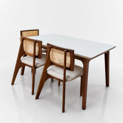 Furneezy Modern Ceramic Top Dining Table Set with 4 Cane Back Chairs | Solid Wood 4 Seater Dining Set for Dining Room, Kitchen & Home | Premium Finish