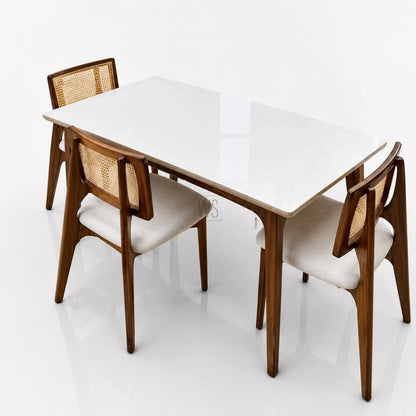 Furneezy Modern Ceramic Top Dining Table Set with 4 Cane Back Chairs | Solid Wood 4 Seater Dining Set for Dining Room, Kitchen & Home | Premium Finish