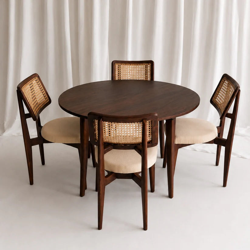 Furneezy Round Dining Table Set with 4 Cane Back Chairs, Solid Wood, Upholstered Seat, Mid-Century Style, 5-Piece