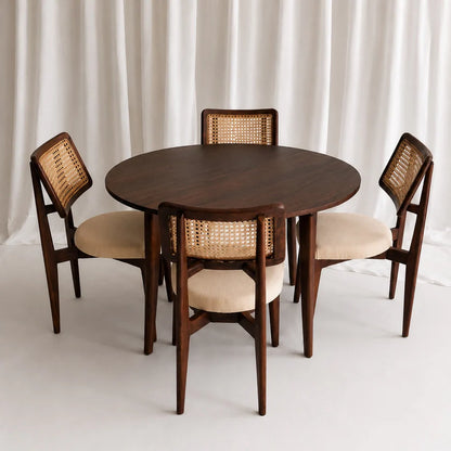 Furneezy Round Dining Table Set with 4 Cane Back Chairs, Solid Wood, Upholstered Seat, Mid-Century Style, 5-Piece