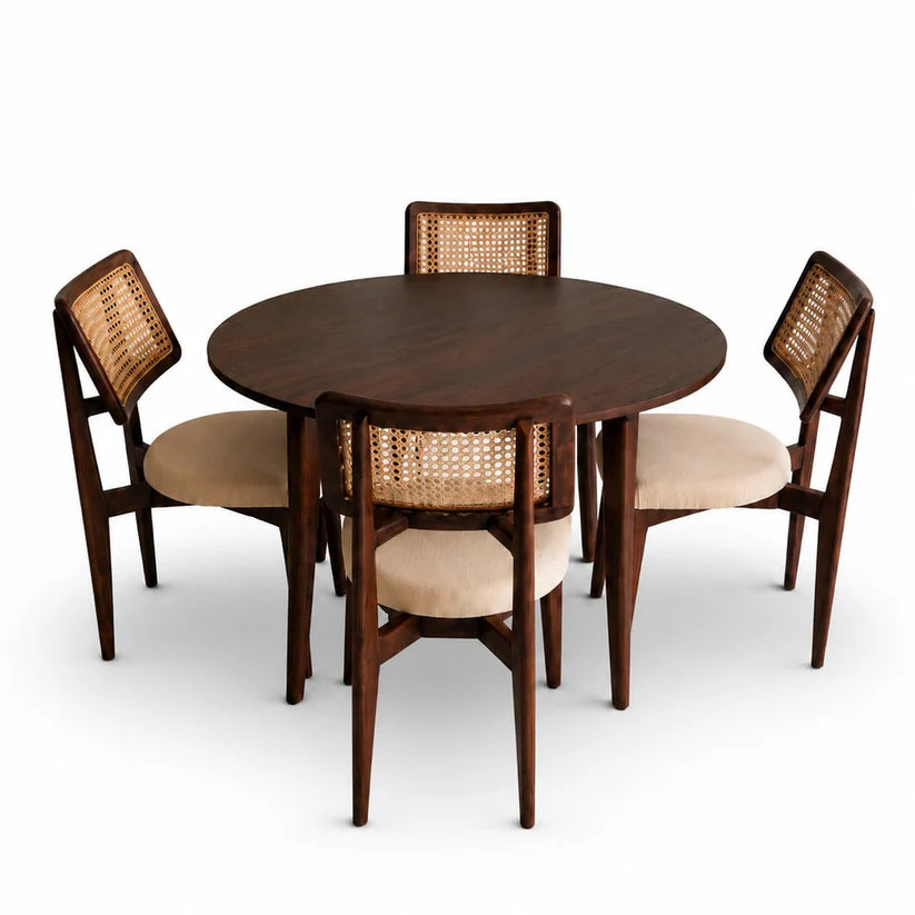 Furneezy Round Dining Table Set with 4 Cane Back Chairs, Solid Wood, Upholstered Seat, Mid-Century Style, 5-Piece