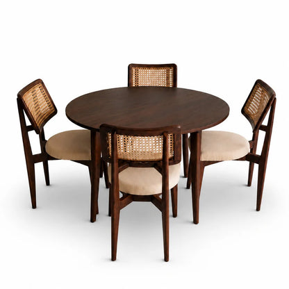 Furneezy Round Dining Table Set with 4 Cane Back Chairs, Solid Wood, Upholstered Seat, Mid-Century Style, 5-Piece