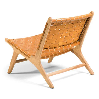 Woven Leather Lounge Chair, Black, Solid Wood Frame, Mid-Century Modern Style, Low Profile Accent Chair (Honey Natural)