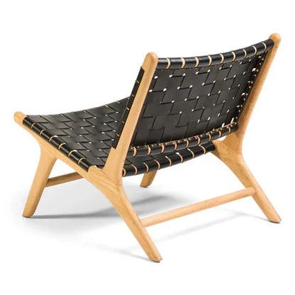 Woven Leather Lounge Chair, Black, Solid Wood Frame, Mid-Century Modern Style, Low Profile Accent Chair (Honey Natural)
