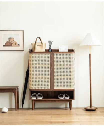 Furneezy Rattan Weave Shoe Rack Open Down Shelf | Sheesham Wood | Made On Order