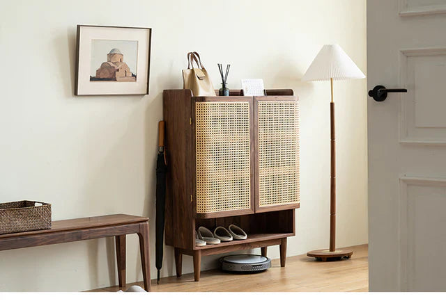 Furneezy Rattan Weave Shoe Rack Open Down Shelf | Sheesham Wood | Made On Order