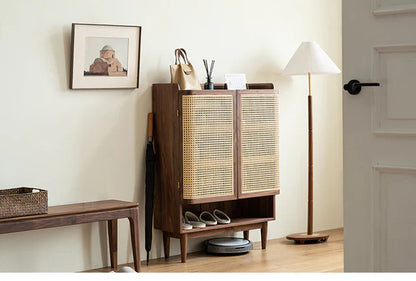 Furneezy Rattan Weave Shoe Rack Open Down Shelf | Sheesham Wood | Made On Order
