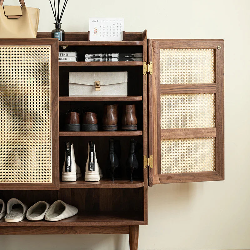 Furneezy Rattan Weave Shoe Rack Open Down Shelf | Sheesham Wood | Made On Order