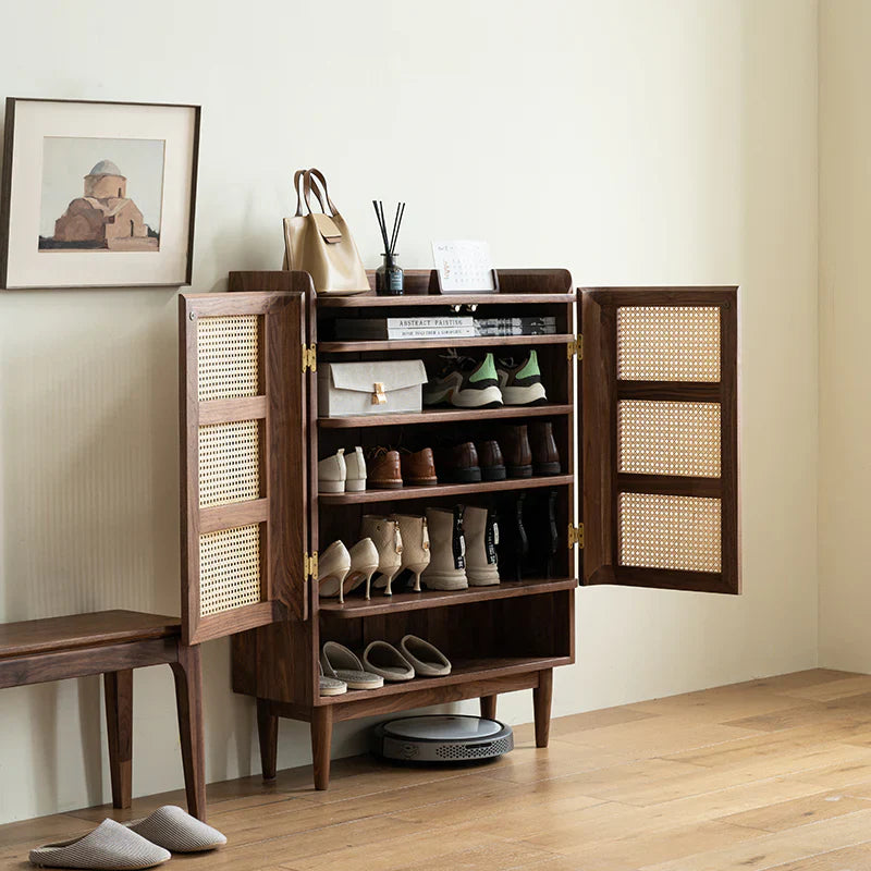 Furneezy Rattan Weave Shoe Rack Open Down Shelf | Sheesham Wood | Made On Order