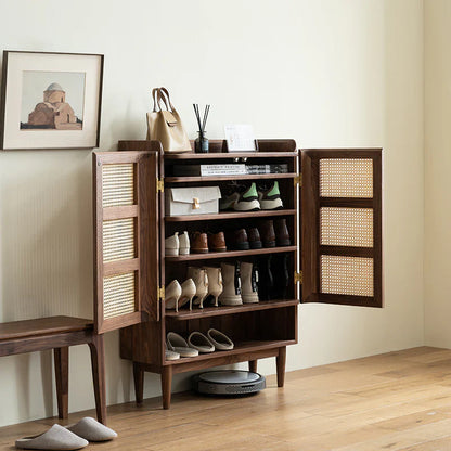 Furneezy Rattan Weave Shoe Rack Open Down Shelf | Sheesham Wood | Made On Order