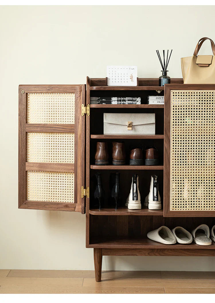 Furneezy Rattan Weave Shoe Rack Open Down Shelf | Sheesham Wood | Made On Order