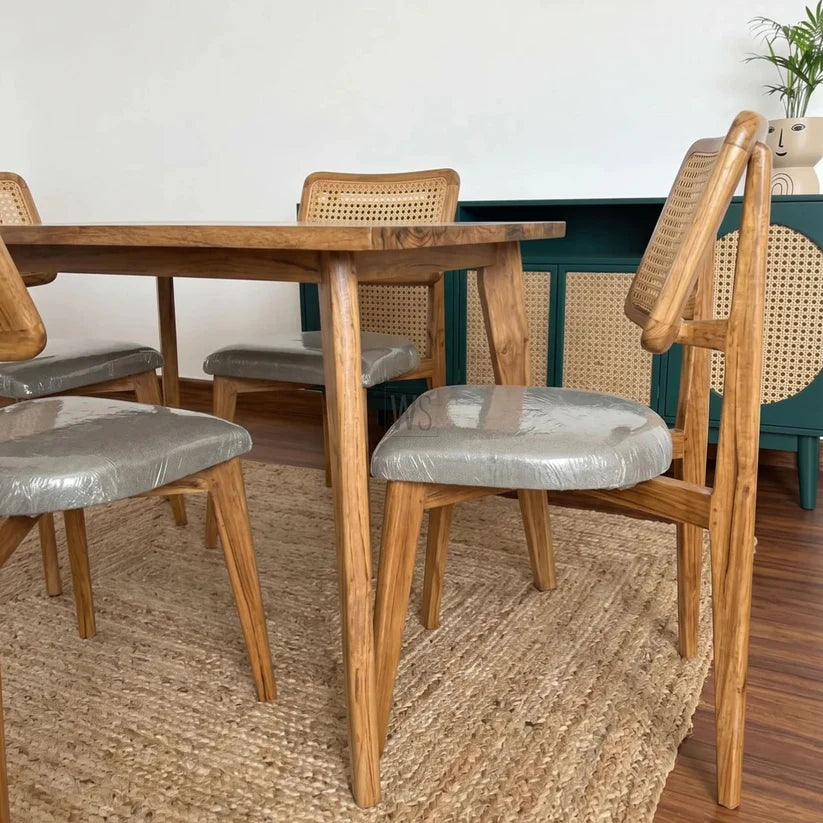 Furneezy Modern Wooden Top Dining Table Set with 4 Cane Back Chairs | Solid Wood 4 Seater Dining Set for Dining Room, Kitchen & Home | Premium Finish