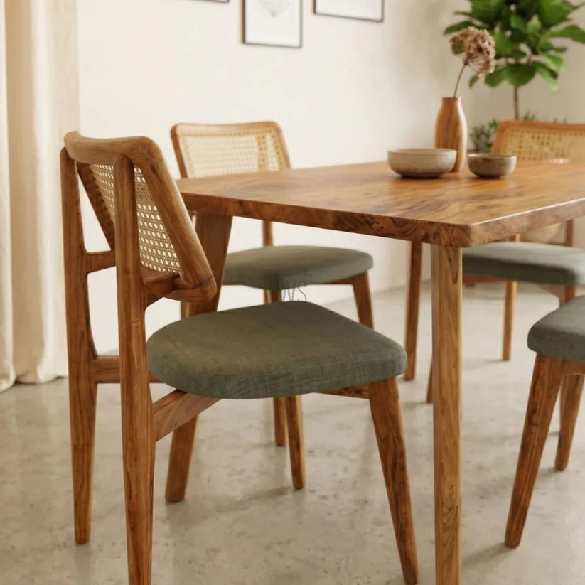 Furneezy Modern Wooden Top Dining Table Set with 4 Cane Back Chairs | Solid Wood 4 Seater Dining Set for Dining Room, Kitchen & Home | Premium Finish