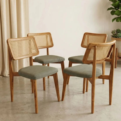 Furneezy Modern Wooden Top Dining Table Set with 4 Cane Back Chairs | Solid Wood 4 Seater Dining Set for Dining Room, Kitchen & Home | Premium Finish