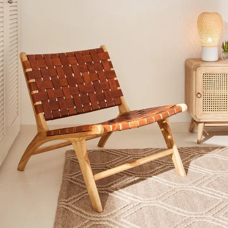 Woven Leather Lounge Chair, Black, Solid Wood Frame, Mid-Century Modern Style, Low Profile Accent Chair (Honey Natural)