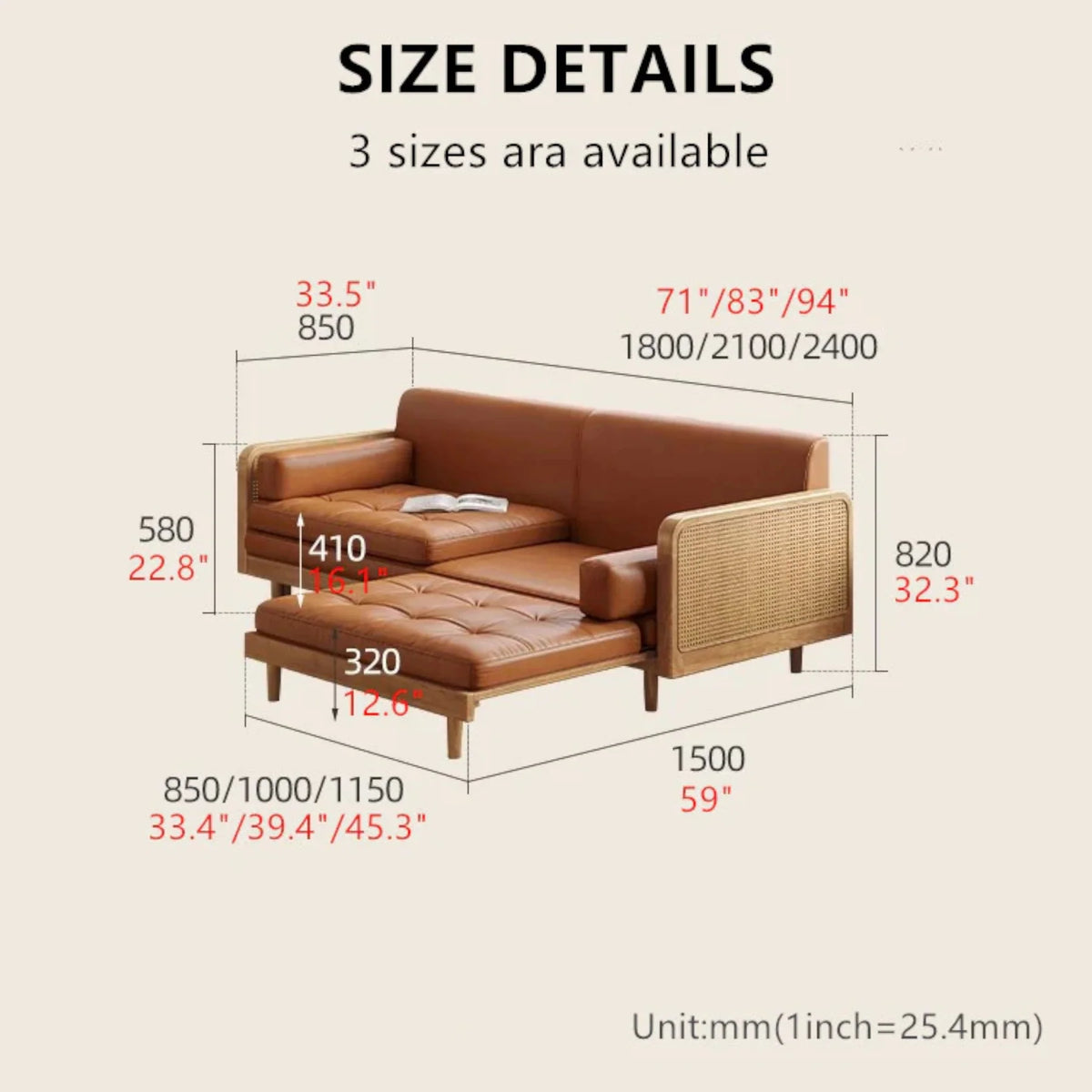 Convertible Sofa Cum Bed with Rattan Armrests, Tan Leatherett, Wood Frame, 200cm, Living Room