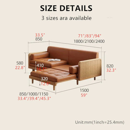 Convertible Sofa Cum Bed with Rattan Armrests, Tan Leatherett, Wood Frame, 200cm, Living Room